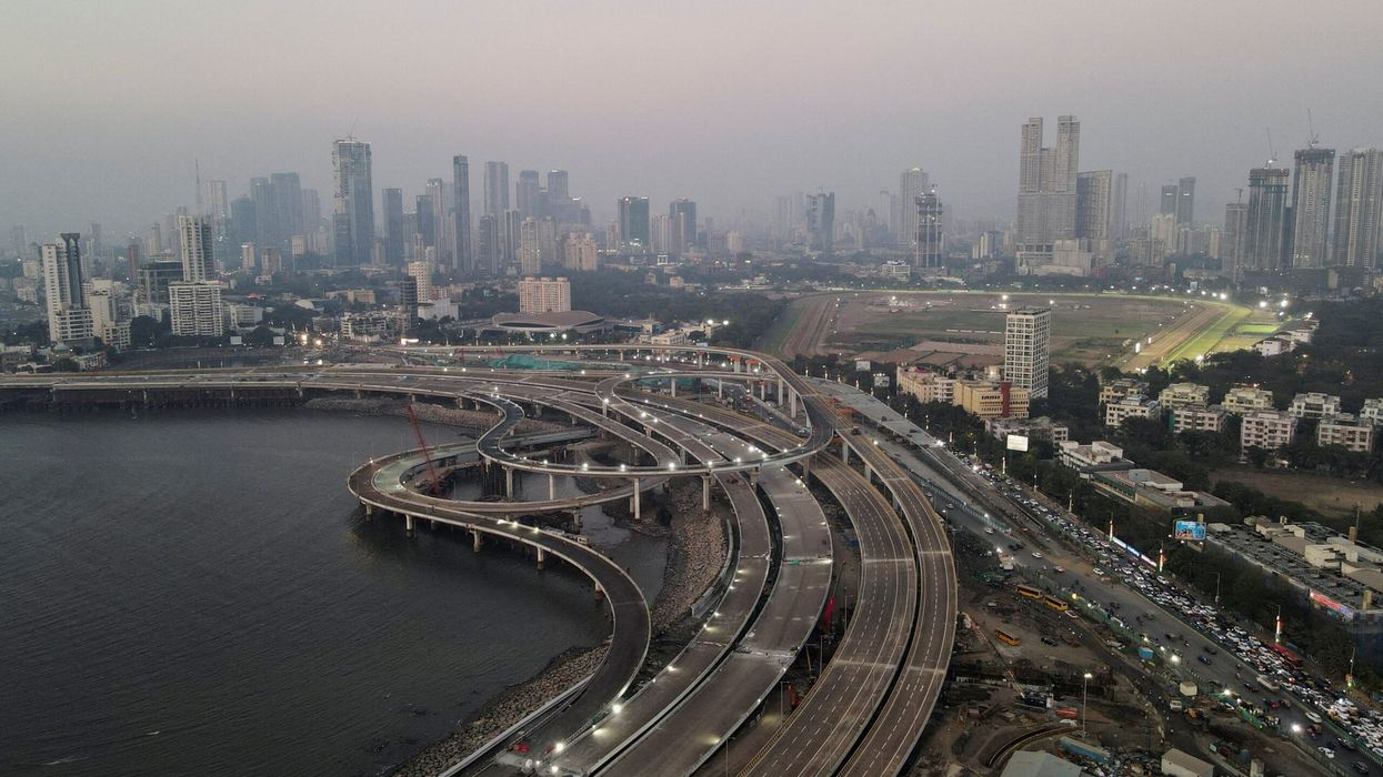 A drone view of the construction work of the upcoming coastal road in Mumbai, India. (Photo credit: Reuters)