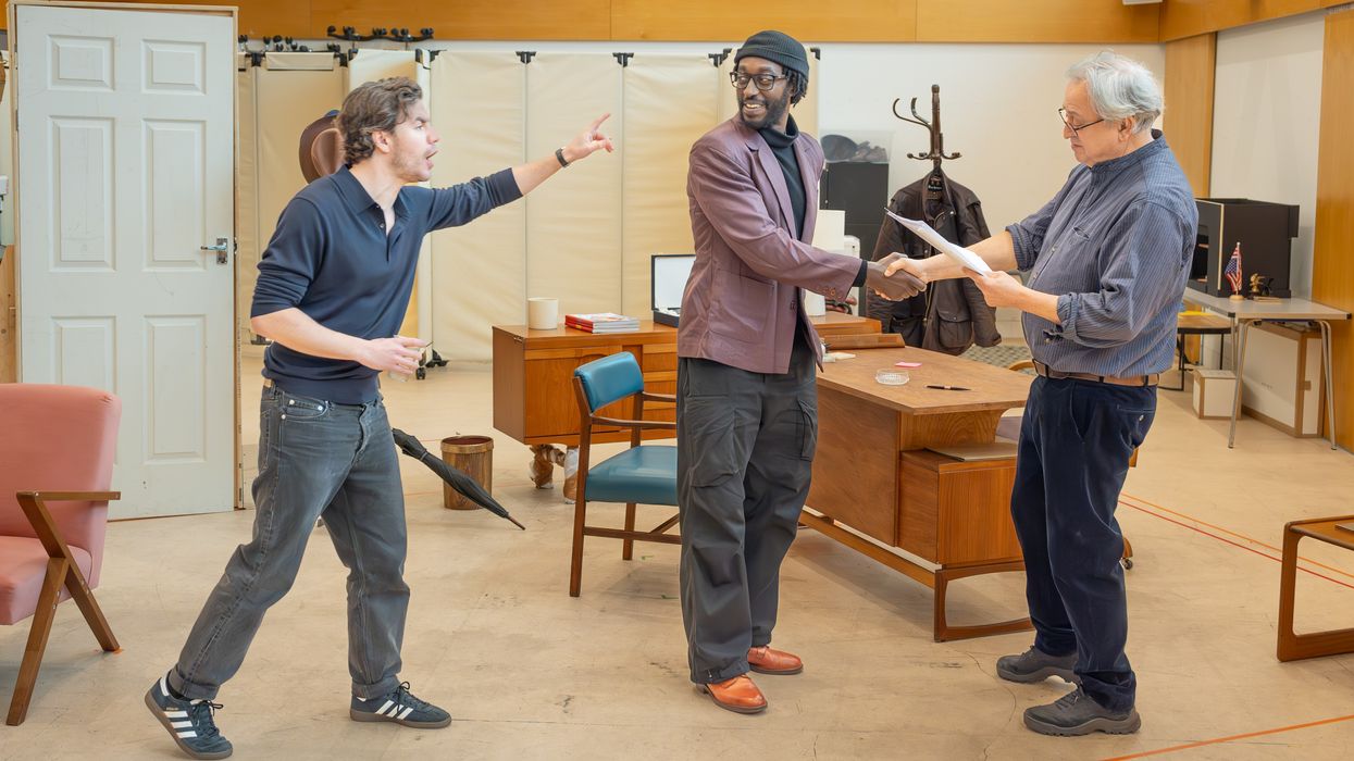 Actors Oliver Johnstone, Ivanno Jeremiah and Stanley Townsend in rehearsals