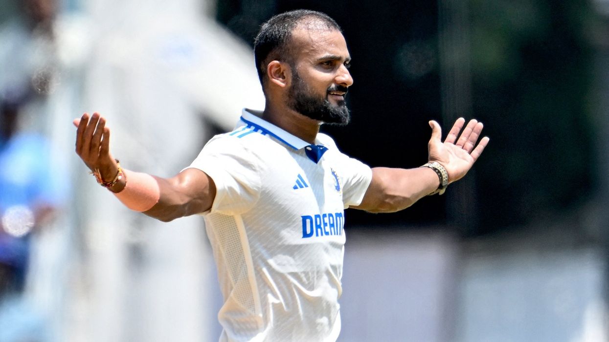 Akash Deep celebrates after taking the wicket of Bangladesh's Zakir Hasan during the second day of the first Test in Chennai on September 20. (Photo: Getty Images)