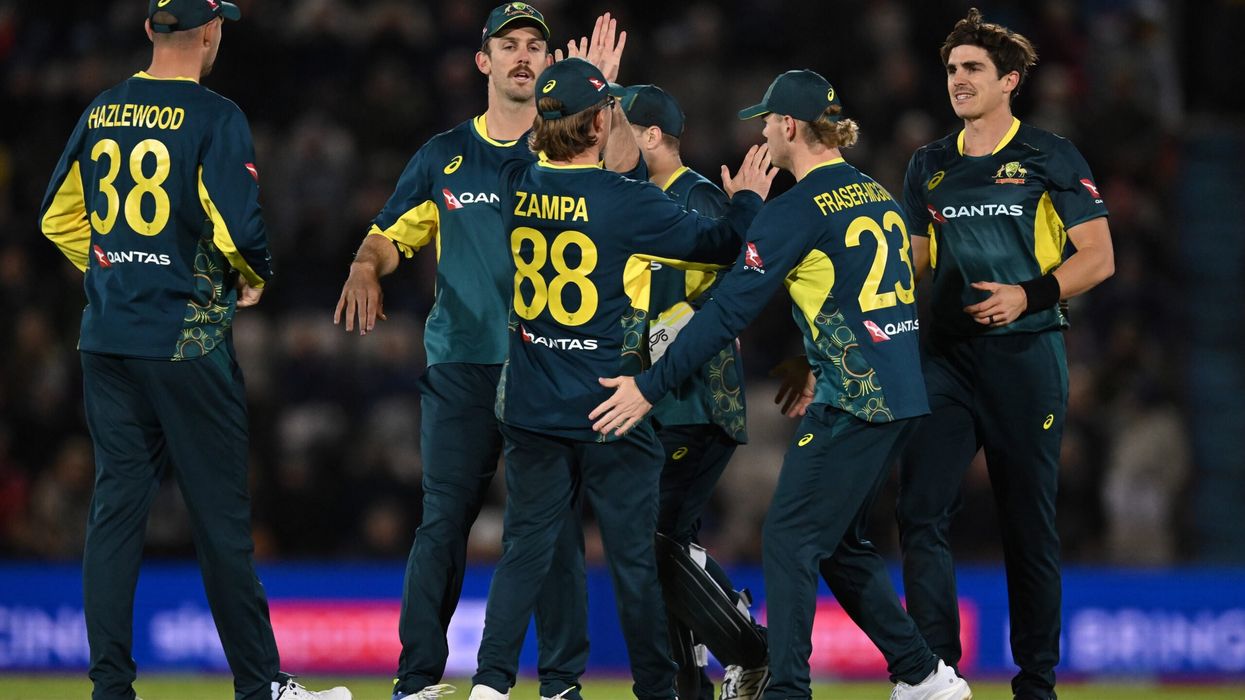 Australian players celebrate after taking the wicket of Adil Rashid during the first T20I at Southampton on Wednesday. (Photo: Getty Images)