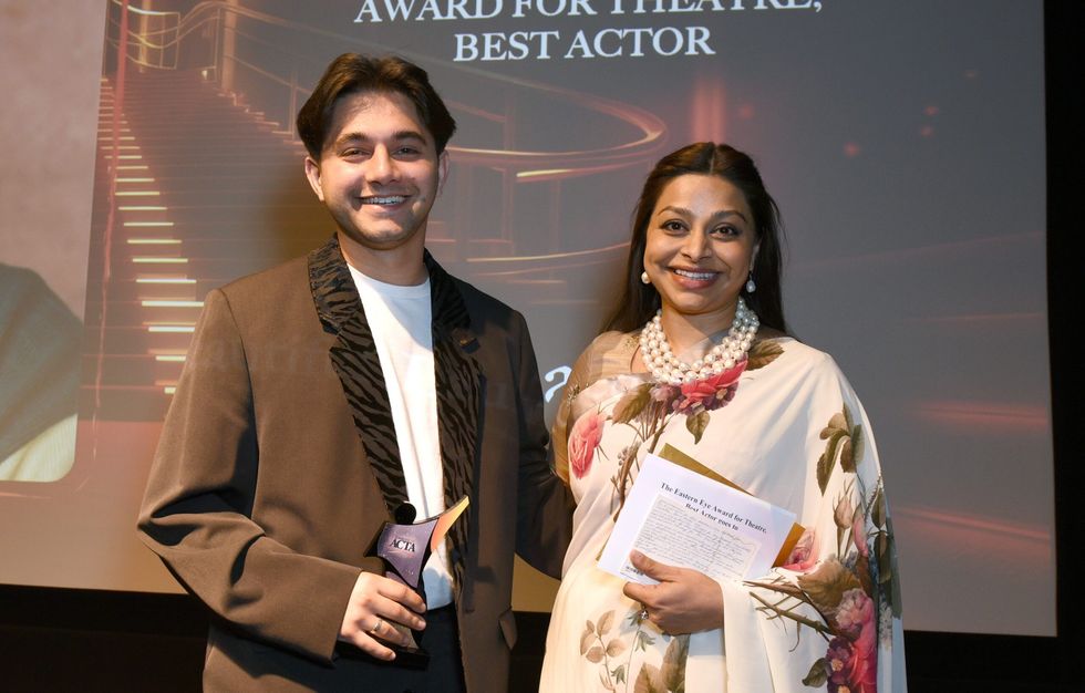 BEST ACTOR winner Lucca Chadwick Patel with Ayesha Dharker Eastern Eye Arts Culture and Theatre Awards 022