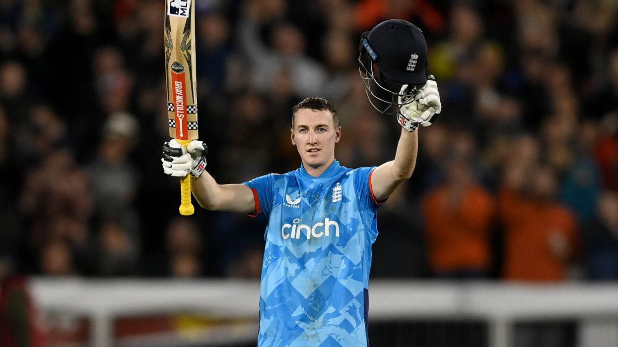 Brook celebrates reaching his century during the 3rd ODI between England and Australia at Seat Unique Riverside on September 24. (Photo: Getty Images)