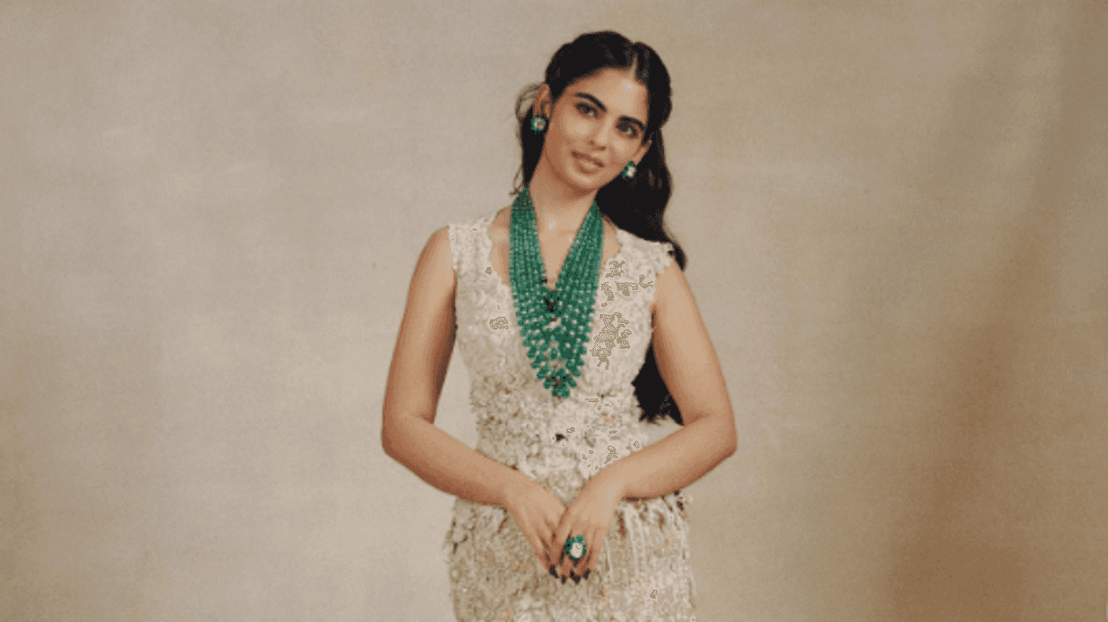 Isha Ambani Piramal’s emerald layers bring contrast to Anamika Khanna’s antique-gold craftsmanship