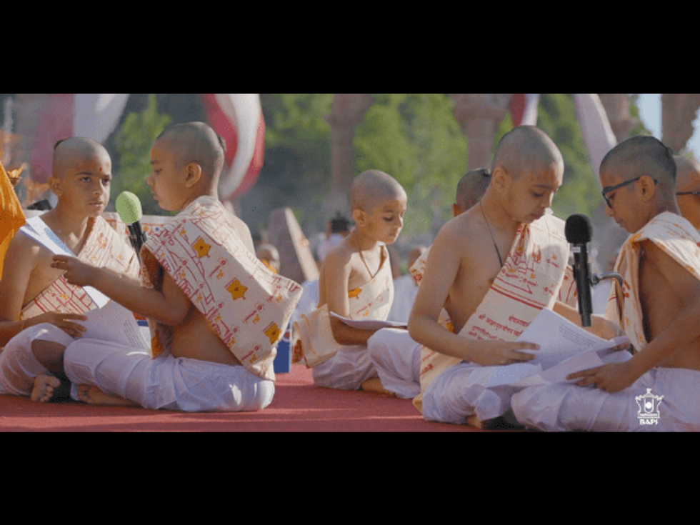 Children sing Vedic peace prayers and recited Sanskrit verses during the inauguration of BAPS Swaminarayan Research Institute in Robbinsville, New Jersey, US