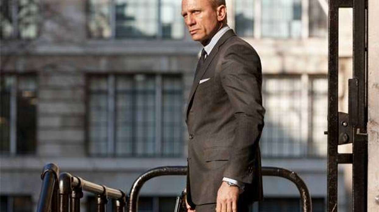 Daniel Craig as James Bond in the grey Tom Ford suit from Skyfall