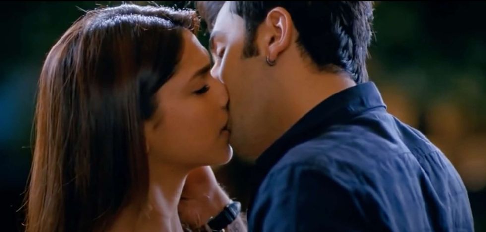 Deepika Padukone and Ranbir Kapoor sharing a romantic kiss in Yeh Jawaani Hai Deewani (2013).