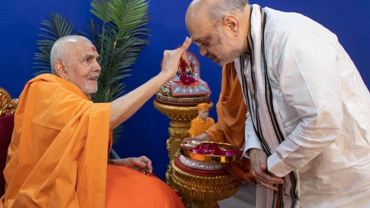 Indian home minister Amit Shah meets Mahant Swami Maharaj in Gujarat's Ahmedabad, seeks blessings