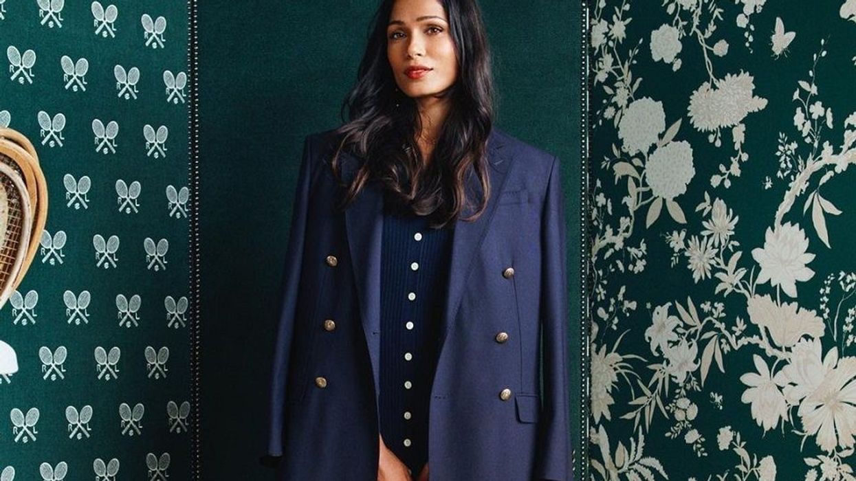 Freida Pinto dons a navy midi dress at day 10 of Wimbledon