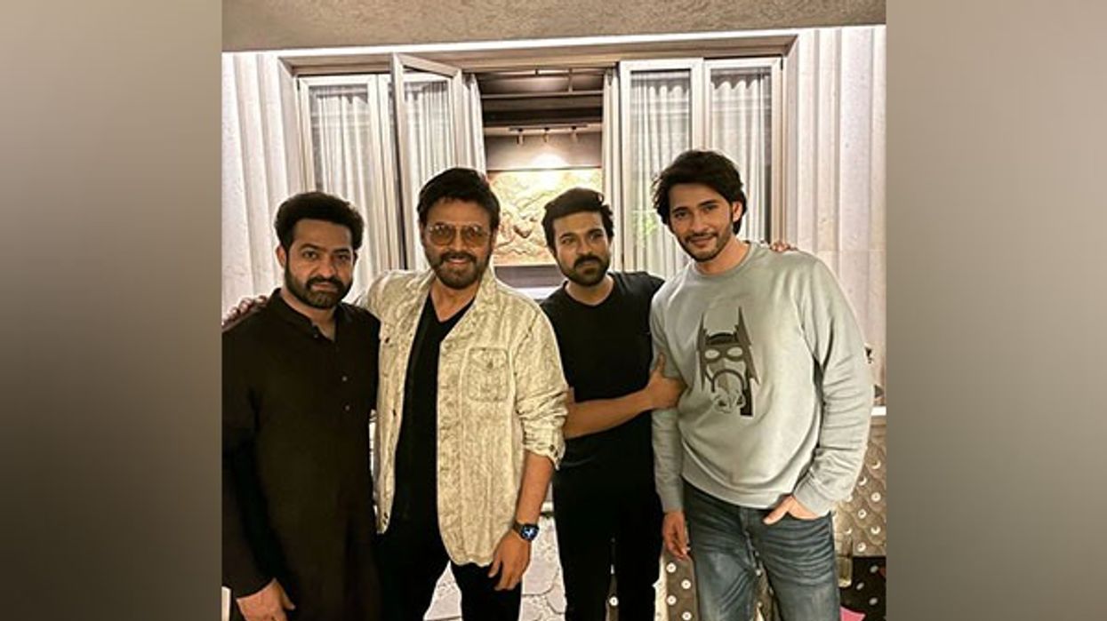 Ram Charan poses with Jr NTR, Mahesh Babu, Venkatesh Daggubati at Diwali party