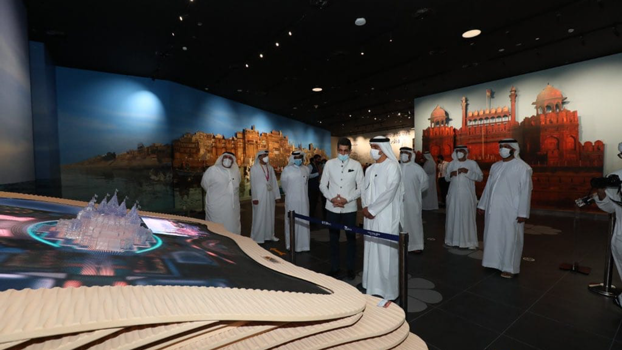 UAE deputy prime minister visits BAPS temple model at Expo 2020