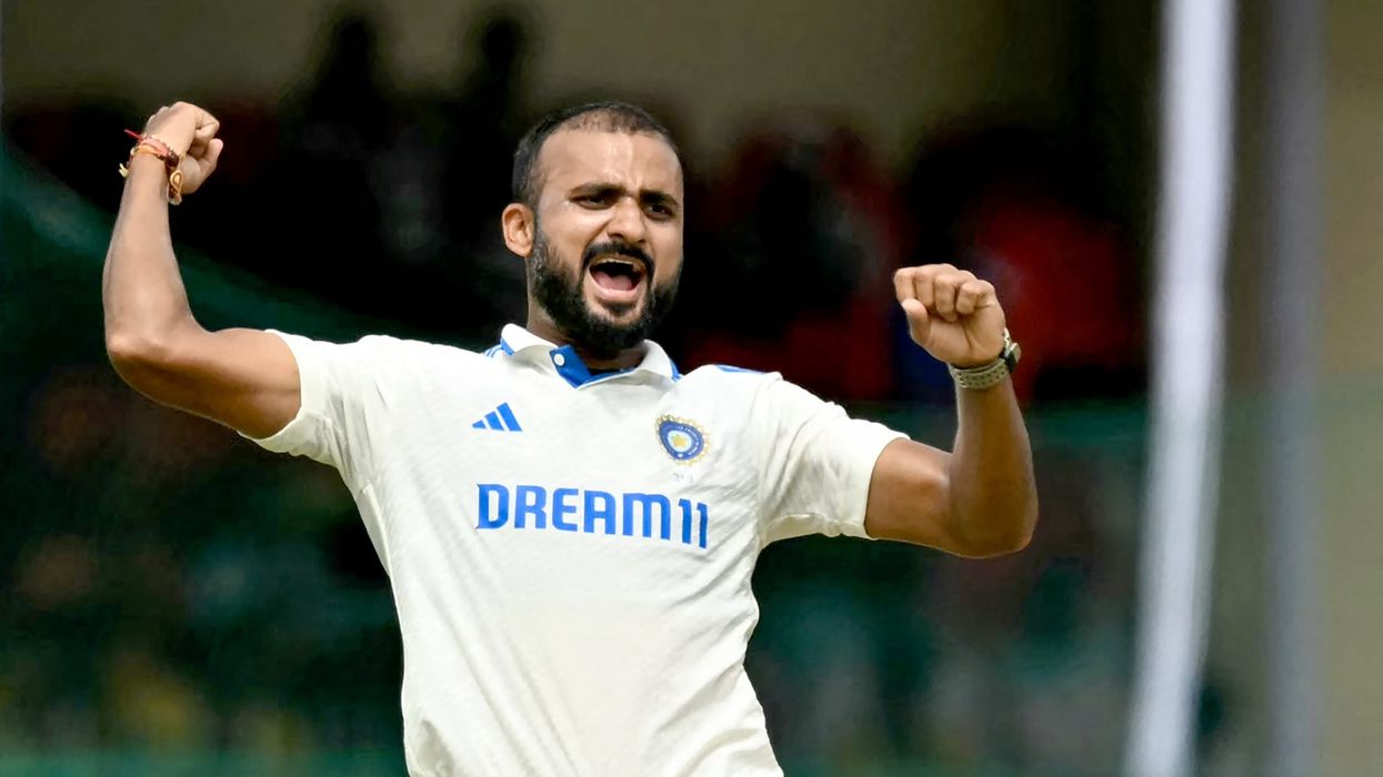 India's Akash Deep celebrates after taking the wicket of Bangladesh's Zakir Hasan during the first day of the second Test at the Green Park Cricket Stadium in Kanpur on September 27. (Photo: Getty Images)