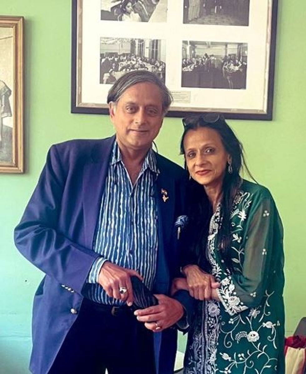 INSET 1 Shashi and Smita Tharoor at the India Club with photographs of their late father 19 August 2023