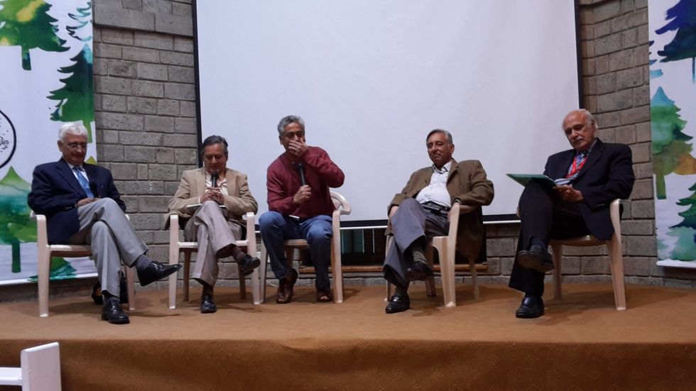 INSET 2 Rajdeep Sardesai centre Mani Shankar Aiyar to his right and Fakir Aijazuddin extreme right. Extreme left is Salman Khurshid former minister and Asif Noorani