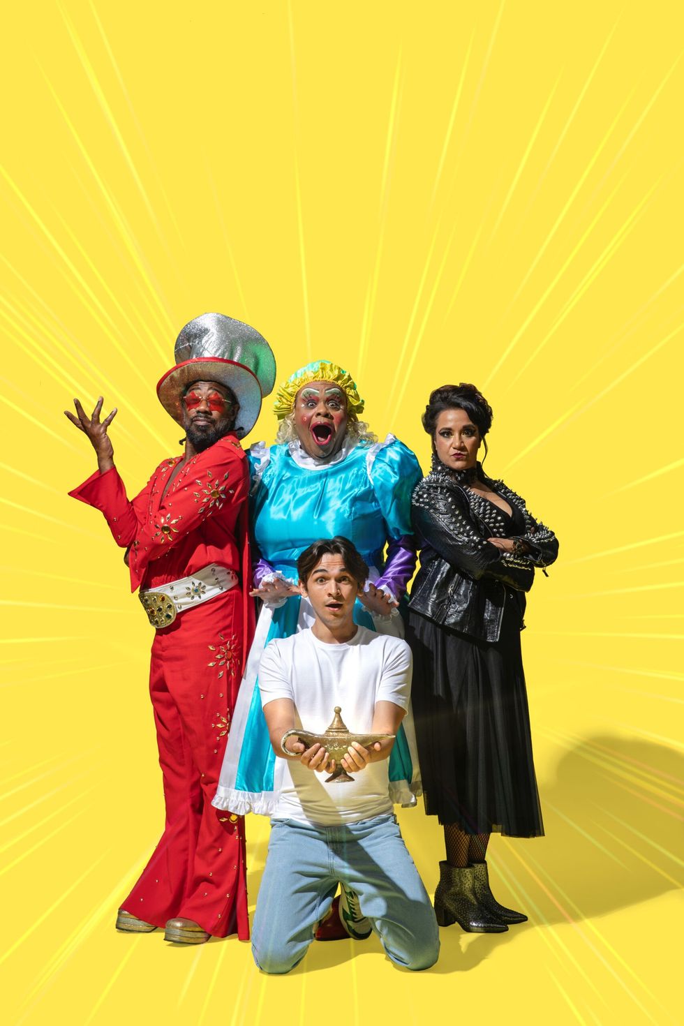 INSET 3 Back Row LtR Kat B The Genie Clive Rowe Widow Twankey and Natasha Lewis Abby na zaaar. Front Fred Double Aladdin cPerou