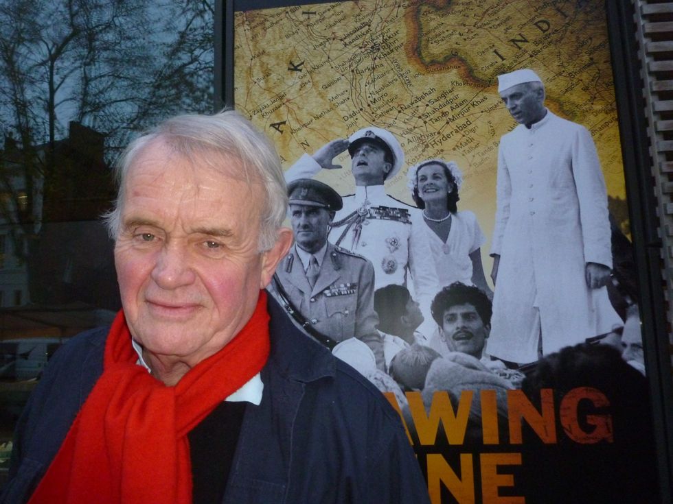 INSET 5 Howard Brenton in front of a poster for Drawing the Line at Hampstead Theatre in 2013
