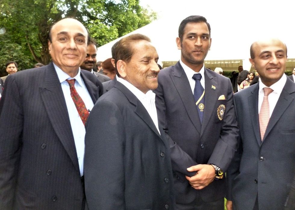 INSET 5 Praful Patel with M S Dhoni and Lord Jitesh Gadhia in 2014 Indian HC cricket reception