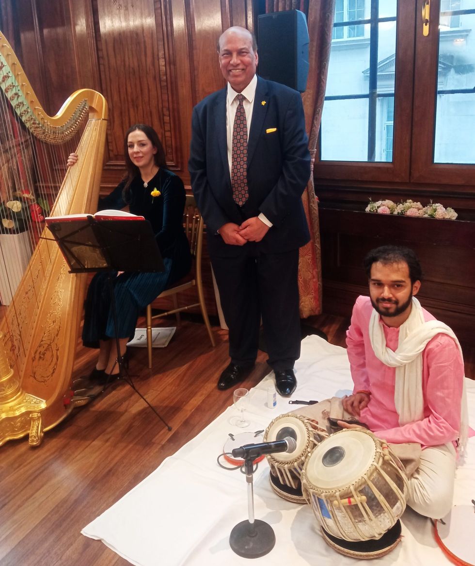 INSET Wales in India. from left Isabel Harries on Harp. Raj Aggarwal. Jnanesh Kamath on tabla 29 February 2024