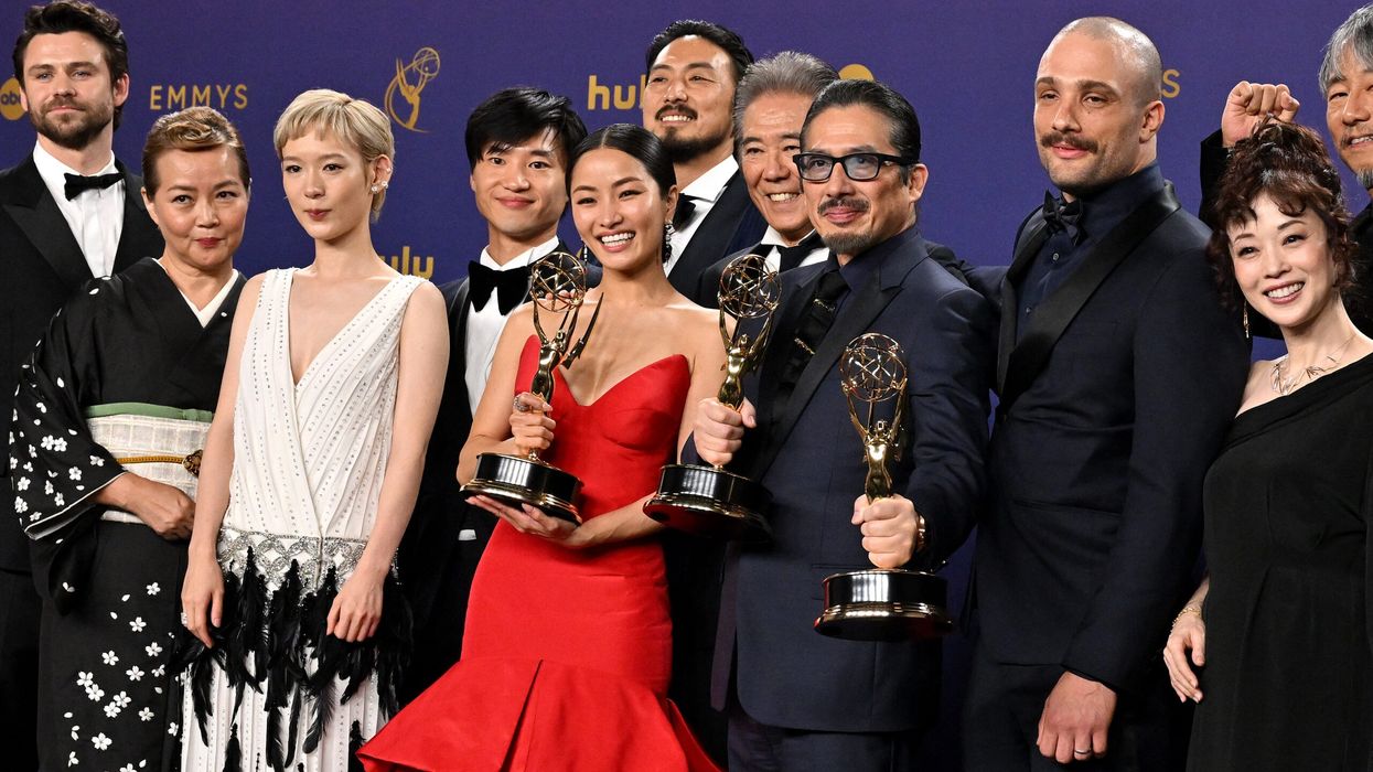Japanese actor Hiroyuki Sanada (C), alongside cast and crew, winners of Outstanding Drama Series for Shogun pose in the press room during the 76th Emmy Awards. (Photo: Getty Images)