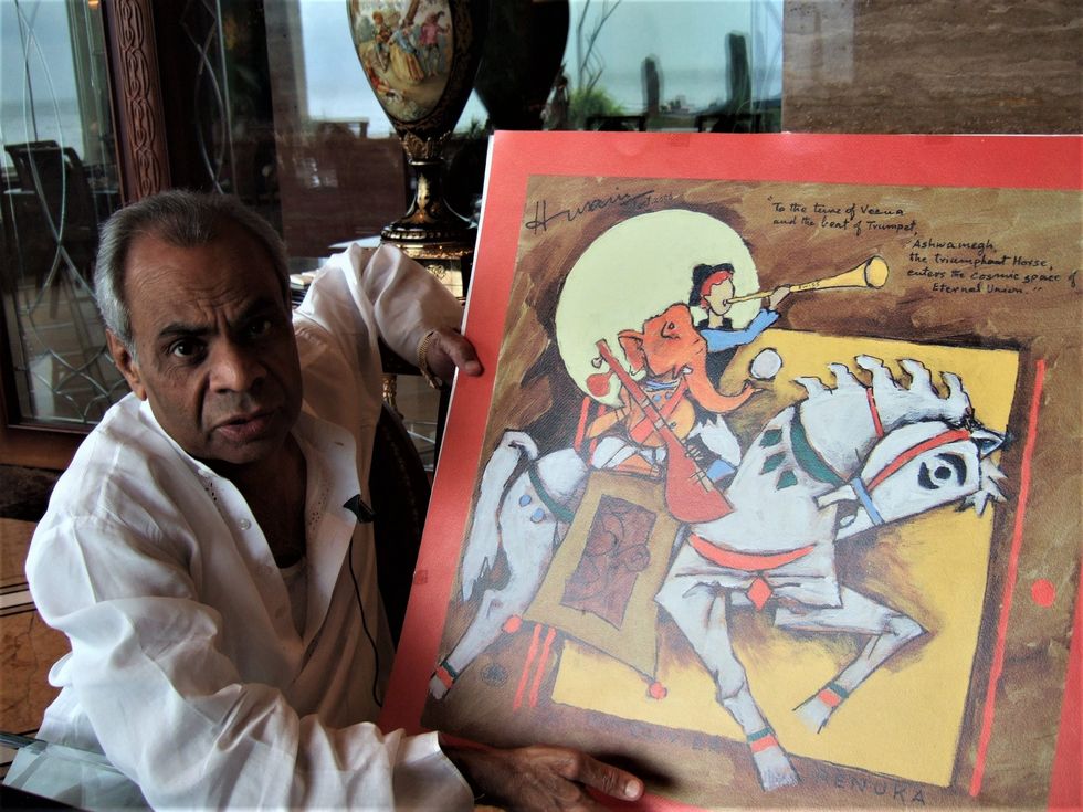 LEAD 1 Srichand Hinduja INSET 5 in Bombay with MF Husain painting