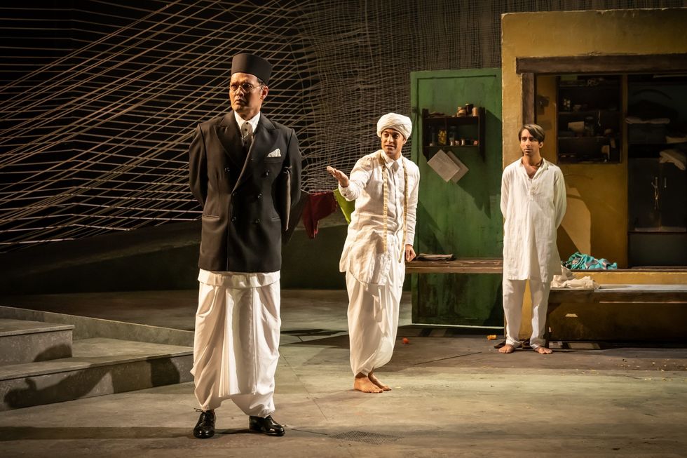 LEAD Inset 1 Sagar Arya Vinayak Savarkar Ankur Bahl Madhav Kishore and Shubham Saraf Nathuram Godse in The Father and the Assassin at the National Theatre. Credits Marc Brenner 8060