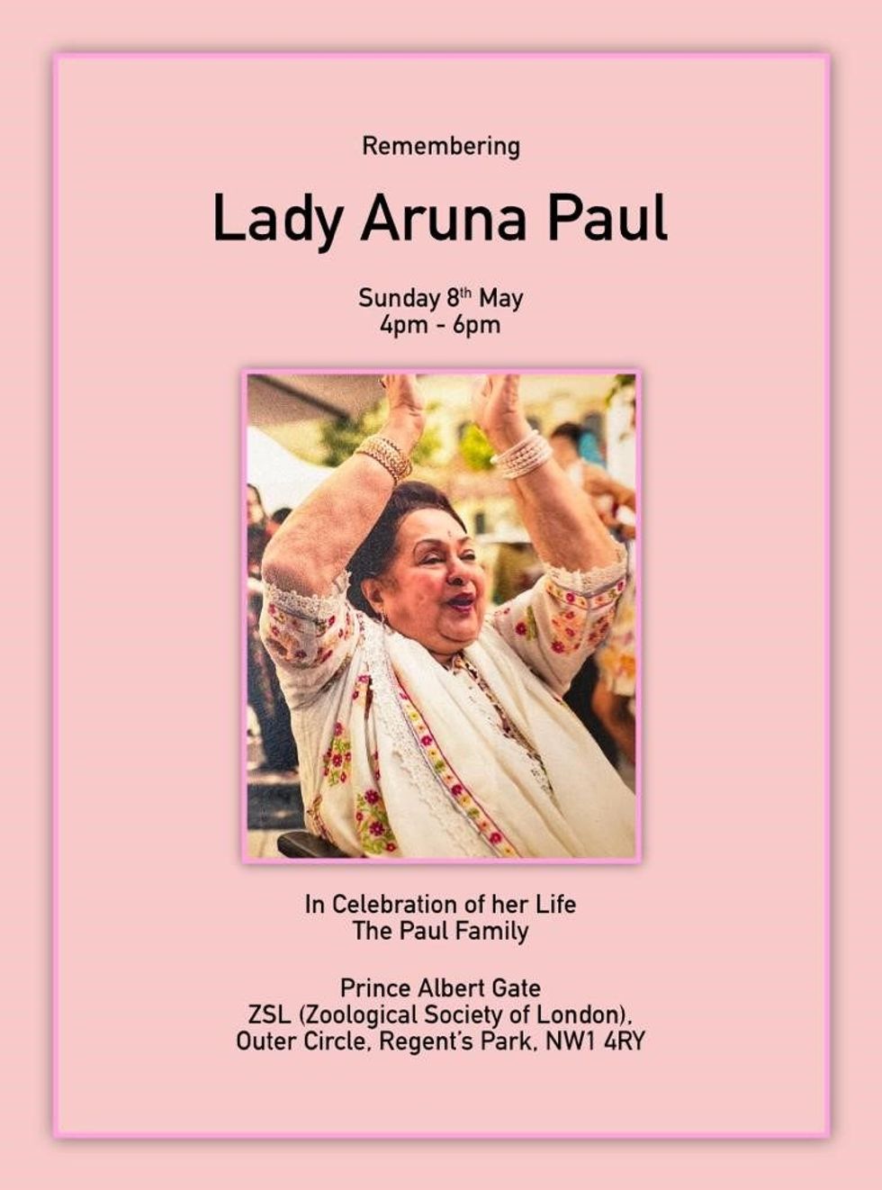 LEAD INSET 5 Aruna Paul celebration of her life on 8 May 2022