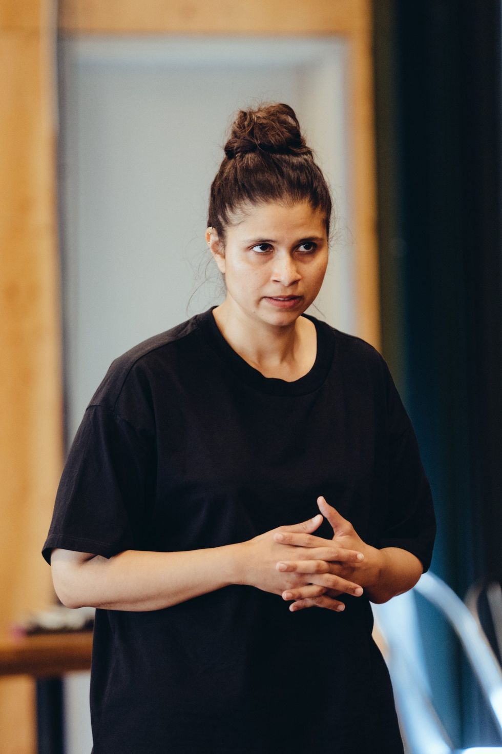 Lead inset rehearsal Zainab Hasan Antigone. Photo Helen Murray