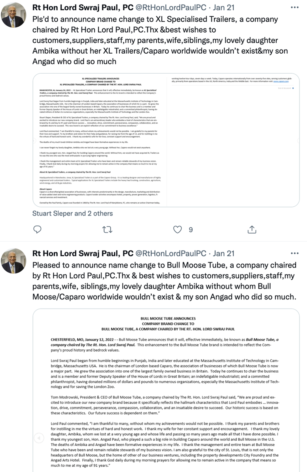 Lord Swraj's tweets on changing the names of his American companies