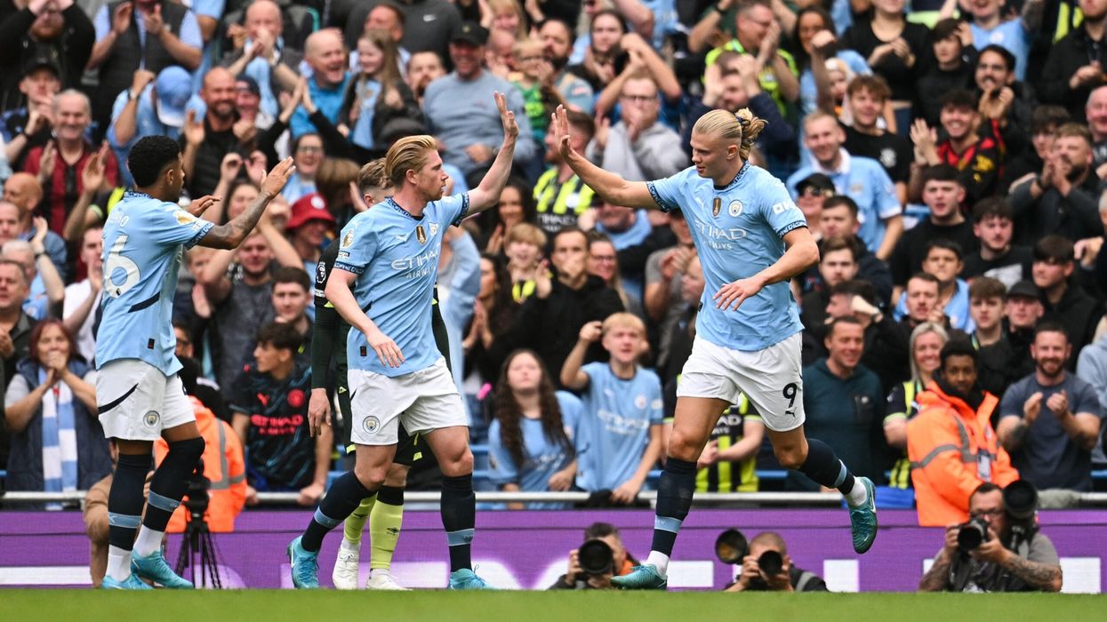 Manchester City's Erling Haaland (C) celebrates after scoring his team first goal during the match City and Brentford at the Etihad Stadium on September 14. (Photo: Getty Images)