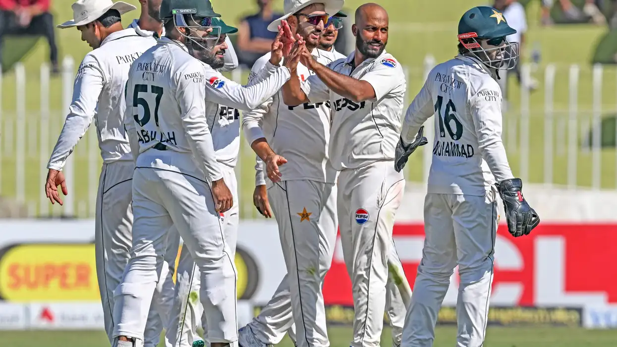 Pakistan's Sajid Khan (2R) celebrates with teammates after taking the wicket of England's captain Ben Stokes during the first day of the third and final Test at the in Rawalpindi on October 24, 2024. (Photo: Getty Images)