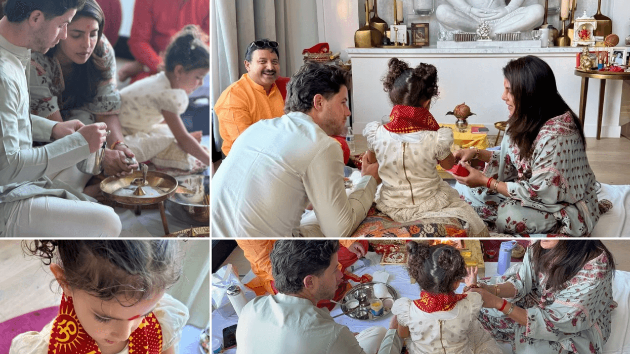 Priyanka Chopra, Nick Jonas and daughter Malti Marie at their home temple during Dussehra