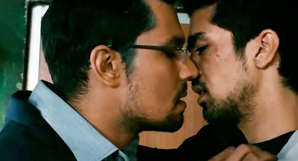 Saqib Saleem and Randeep Hooda sharing a male same-sex kiss in Karan Johar\u2019s segment of Bombay Talkies (2013).