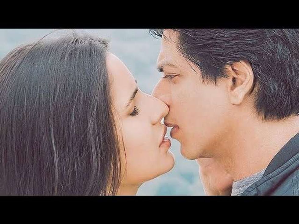 Shah Rukh Khan and Katrina Kaif\u2019s first on-screen kiss in Jab Tak Hai Jaan (2012).