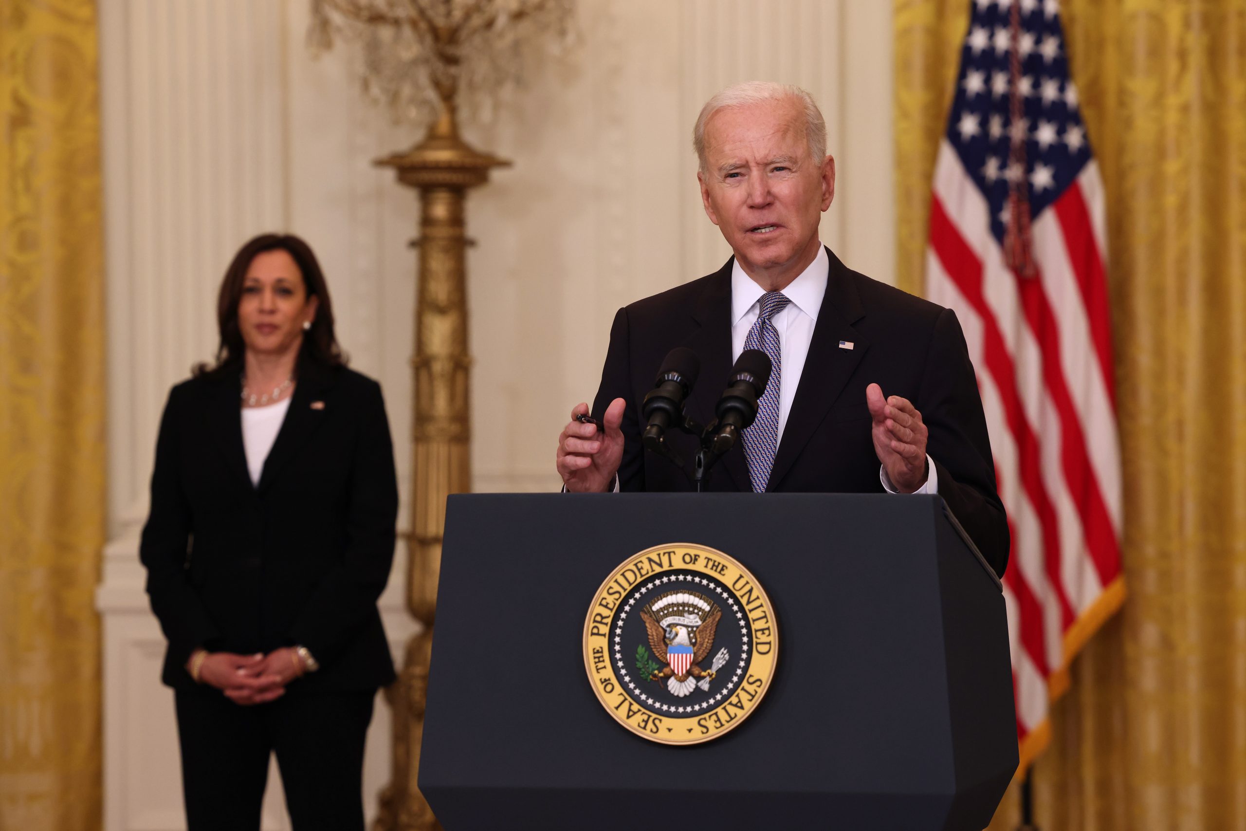 U.S. President Joe Biden, joined by Vice President Kamala Harris, gives an update on his administration’s COVID-19 response and vaccination program in the East Room of the White House on May 17, 2021 in Washington, DC.  (Photo by Anna Moneymaker/Getty Images)