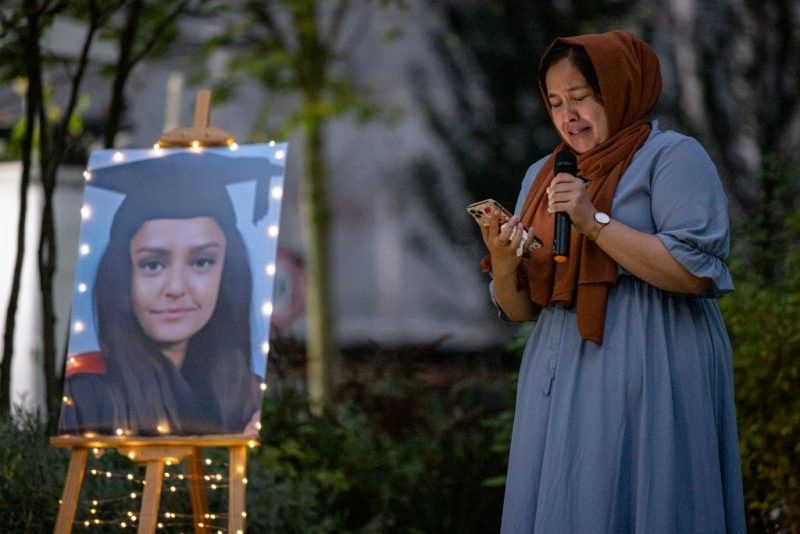 Jebina Yasmin Islam, Sabina Nessa's sister, speaks at a candlelight vigil on September 24, 2021 in London