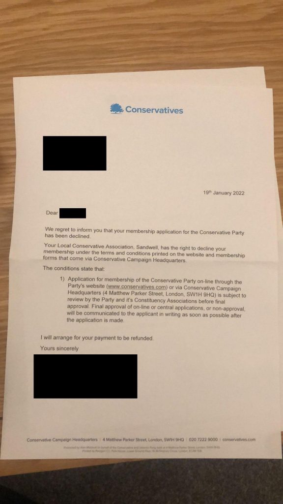 A Conservative party membership rejection letter from an Asian individual sourced by LDRS.