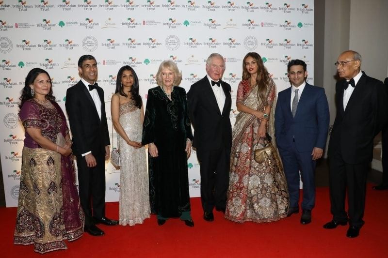 Home secretary Priti Patel, chancellor Rishi Sunak and his wife Akshata Murthy, Camilla, the Duchess of Cornwall, Prince Charles, the Prince of Wales, Natasha Poonawalla and Adar Poonawalla and Mian Mohammad Mansha at reception to celebrate the British Asian Trust at The British Museum 