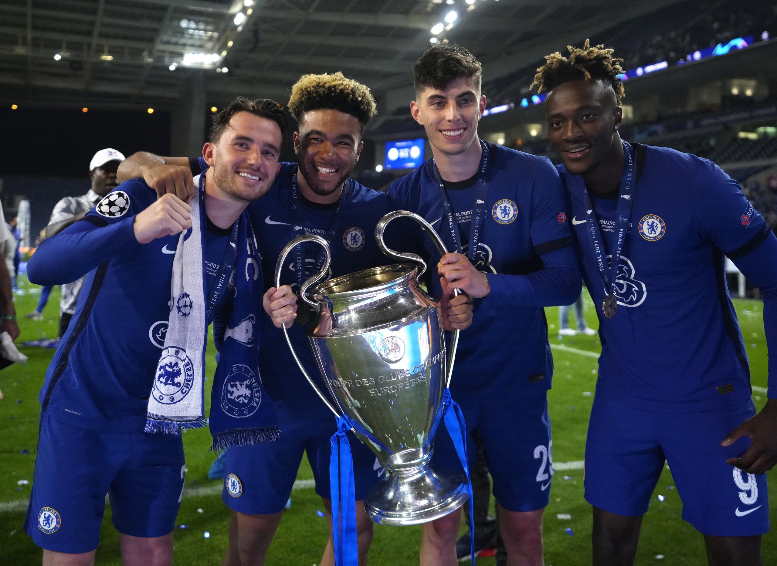Ben Chilwell, Reece James, Kai Havertz and Tammy Abraham of Chelsea celebrates with the Champions League win in 2021