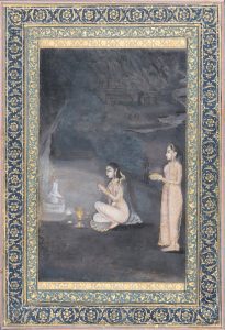 A Mughal night scene with lady and attendant at a Siva lingam shrine, double-sided leaf from the Fremantle Album, India, first half of the 18th century