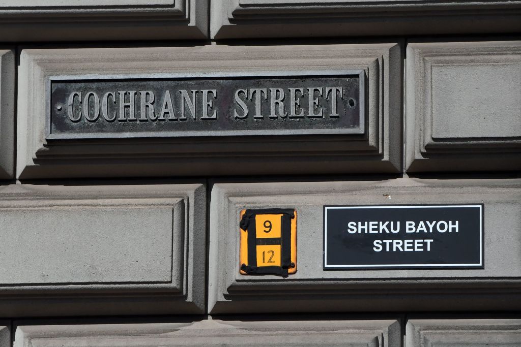 A sign renaming Cochrane Street as Sheku Bayoh Street, a black man who died in police custody in Kirkcaldy in 2015, is displayed in the Merchant City area of Glasgow, Scotland on June 6, 2020