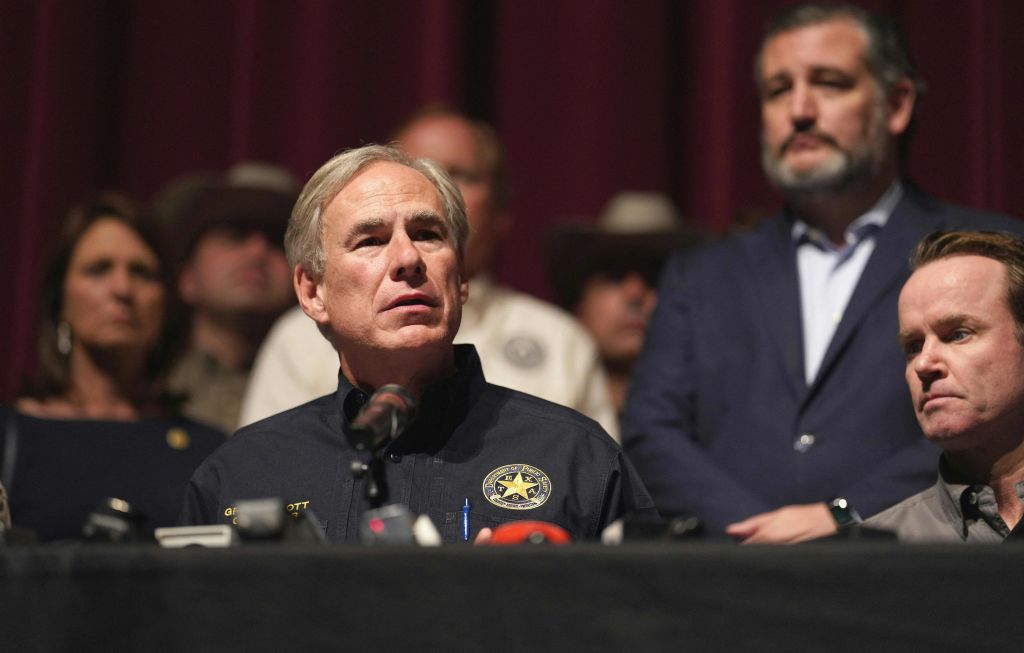 Texas Governor Greg Abbott with other officials, holds a press conference to provide updates on the Uvalde elementary school shooting, at Uvalde High School in Uvalde, Texas on May 25, 2022.