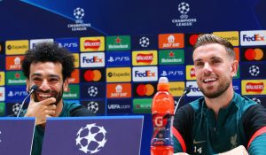 Mohamed Salah and Jordan Henderson of Liverpool speak in a press conference at AXA Training Centre on May 25, 2022 in Kirkby, England