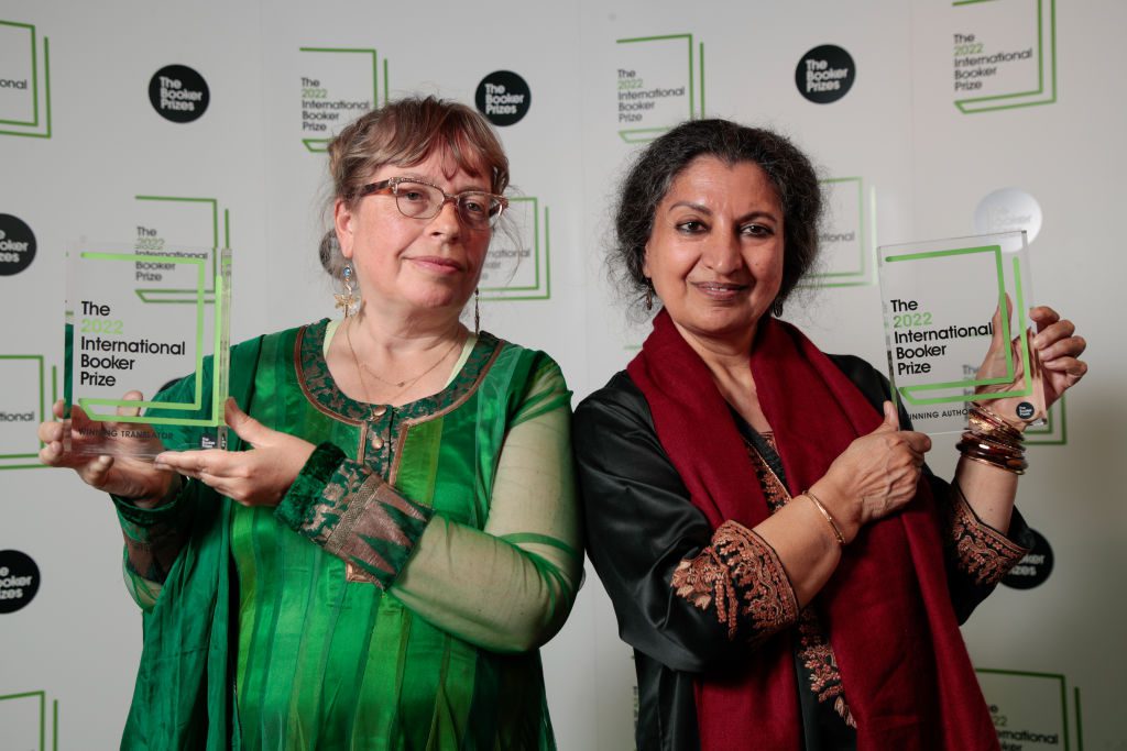 Daisy Rockwell and Geetanjali on the red carpet with their winners medals at The 2022 International Booker Prize Winner Ceremony at One Marylebone on May 26, 2022 in London, England