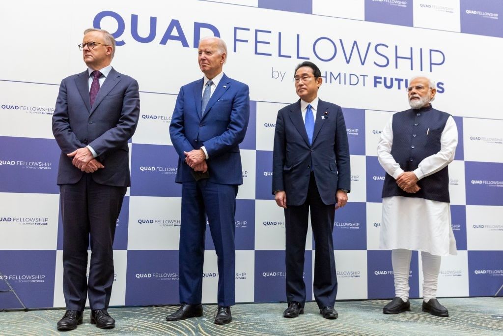 (L-R) Australian Prime Minister Anthony Albanese, US President Joe Biden, Japanese Prime Minister Fumio Kishida and Indian Prime Minister Narendra Modi attend the Quad Fellowship Founding Celebration event on May 24, 2022 in Tokyo, Japan.