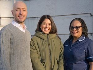 Sanah Shaikh with Dr Joseph Sharif, Haematology Consultant and Lead for Sickle Cell at MRI, and Grace Akpakpan, Specialist Haemoglobinopathy Nurse Counsellor.